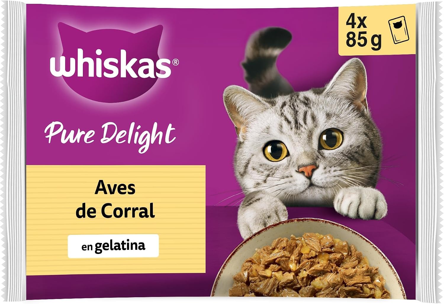 WHISKAS Comida húmeda en gelatina Gatos Adultos Tiernos bocados Ave - 13 x 4