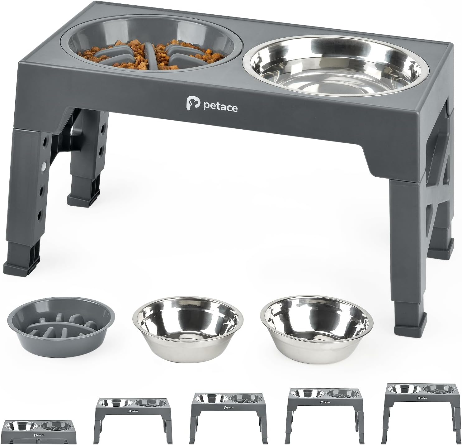 Comedero Perro Elevado de 5 Alturas Ajustables, 2 Cuencos Acero INOX, Gris