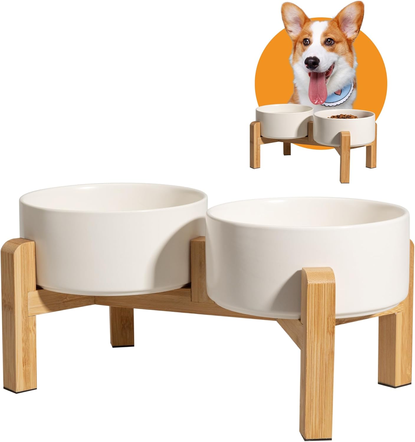 Comedero Elevado para Perros - Doble Cuenco de Cerámica con Soporte de Bambú