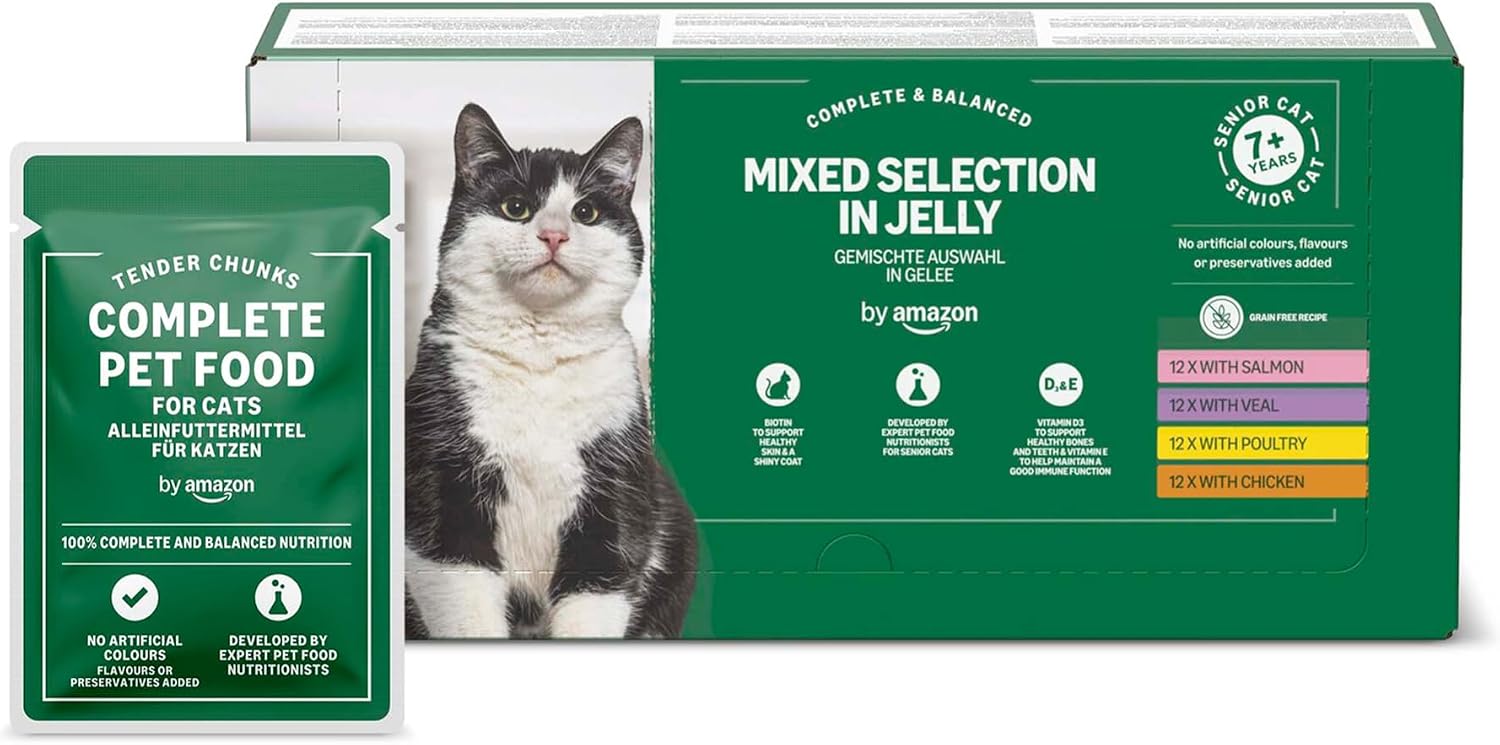 by Amazon Alimento Completo para Gatos sénior, Selección Mixta en gelatina