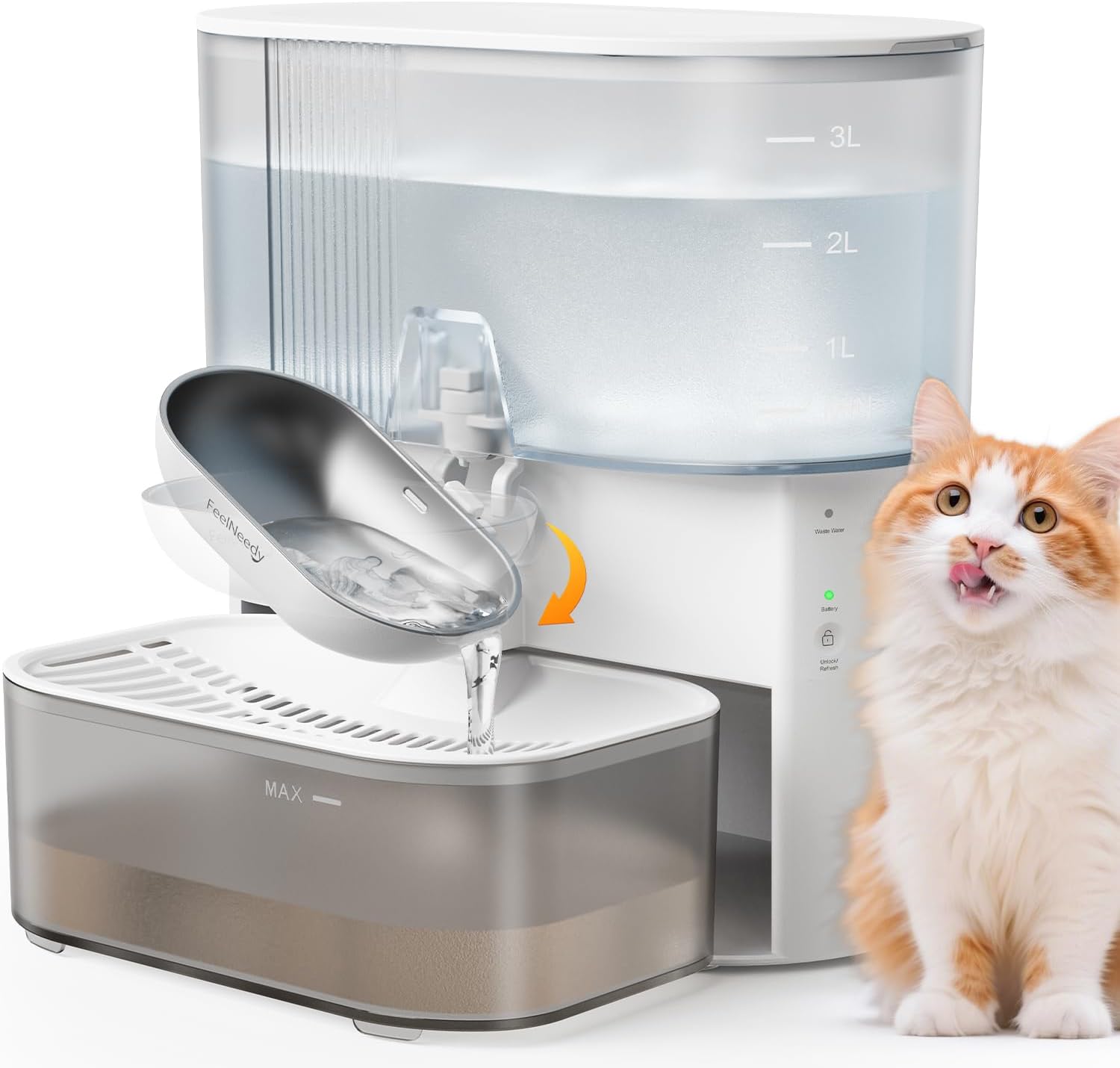 Fuente para Gatos Inalámbrica y sin Filtro, Depósito de 3,5 L, Blanca