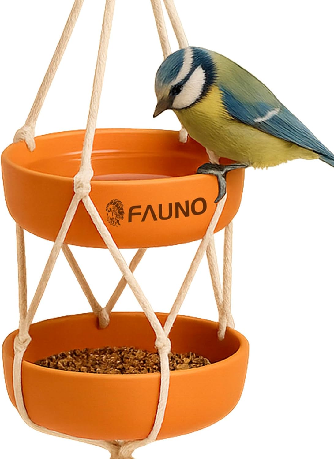 Comedero Pajaros Exterior Colgante con Doble Bandeja de Fibra de Bambú y Cuerda
