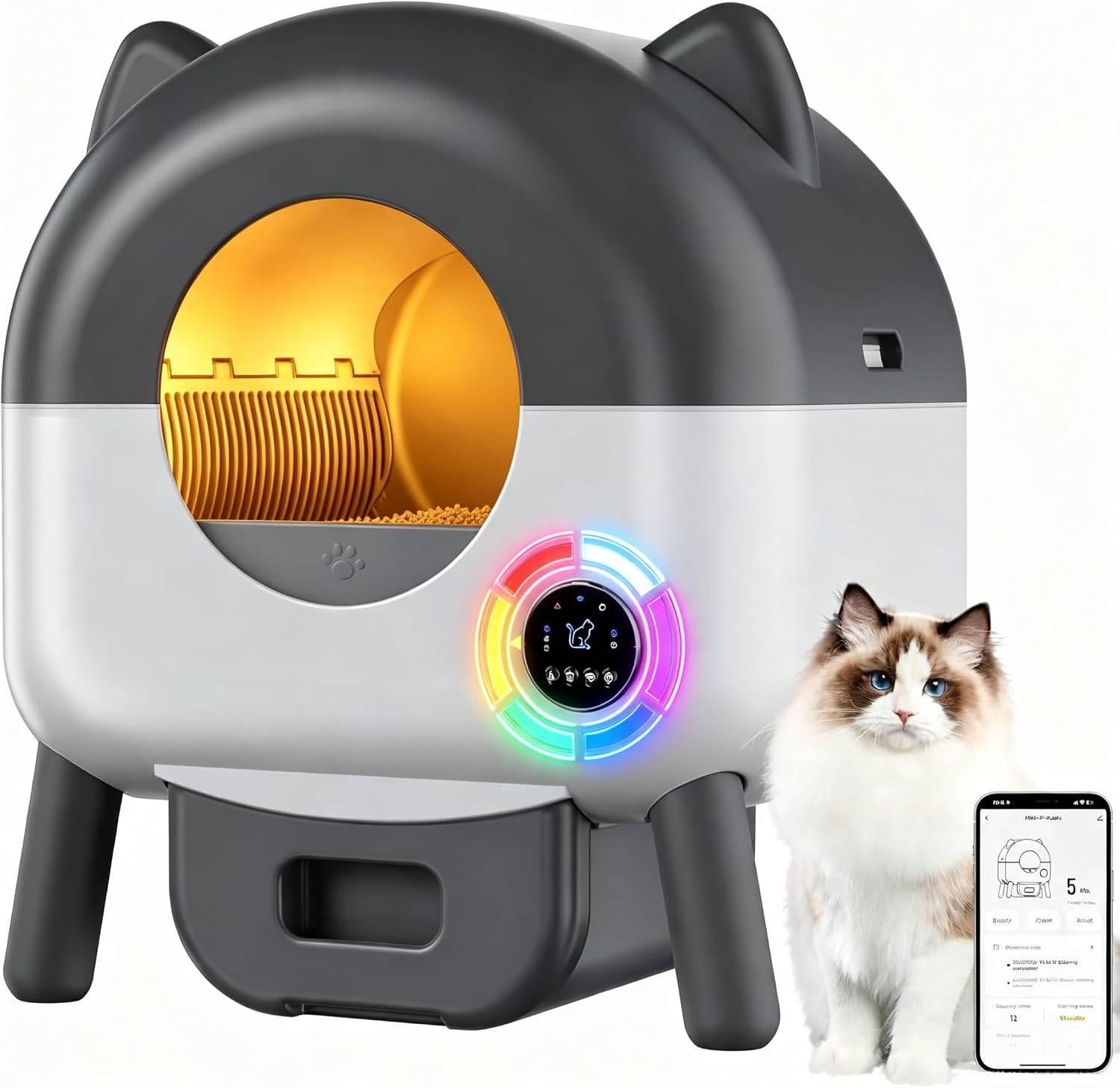 Arenero Gatos Autolimpiable 89L, Caja Arena Gato Automatica con App Control